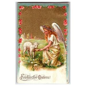 Otto Schloss Vintage Fröhliche Ostern Angel & Lamb German Easter Postcard Emboss